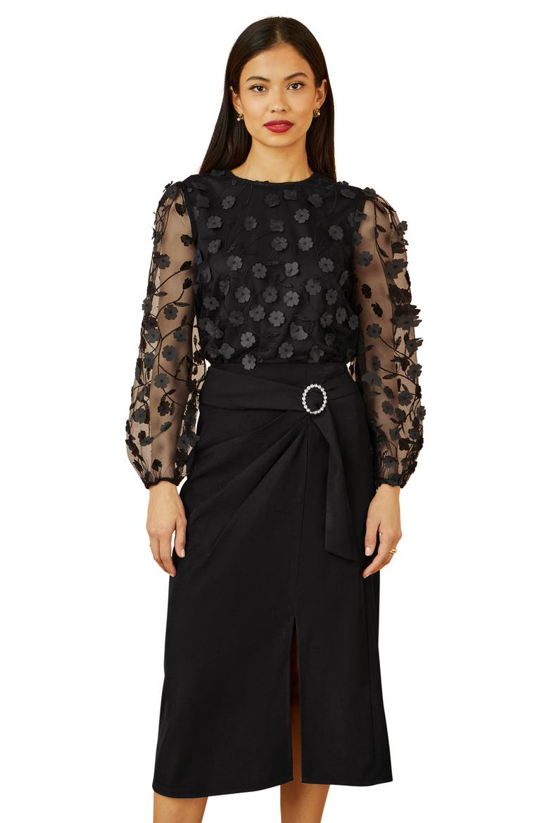 Long Sleeve Sheer Floral Top, Alternate, color, Black