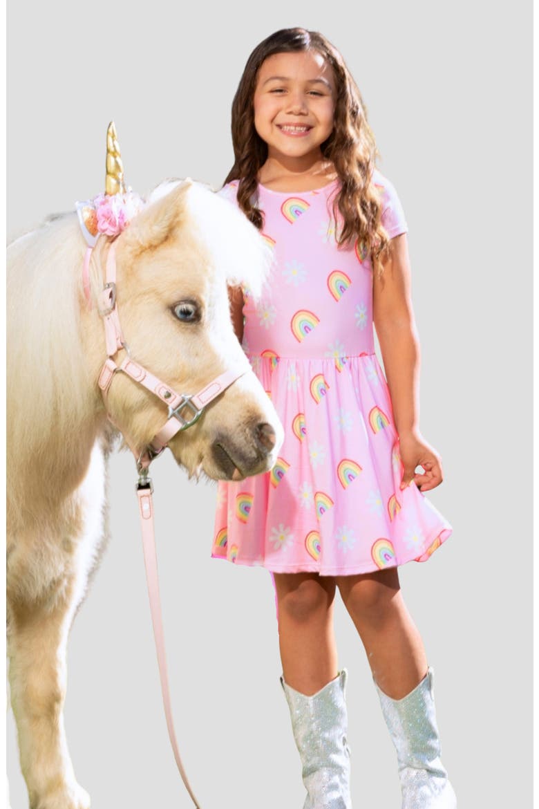 Kids' Be Happy Dress, Alternate, color, PINK DAISY RAINBOW