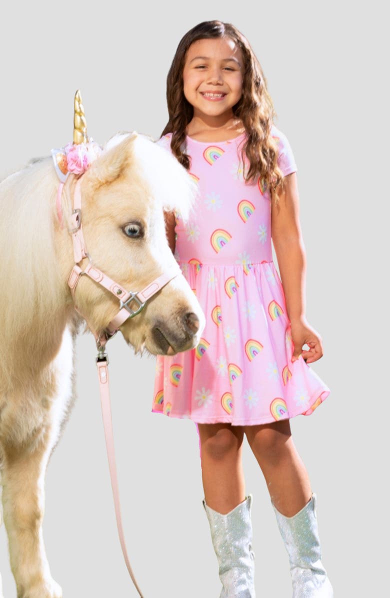 PixieLane Kids' Be Happy Dress, Alternate, color, Pink Daisy Rainbow