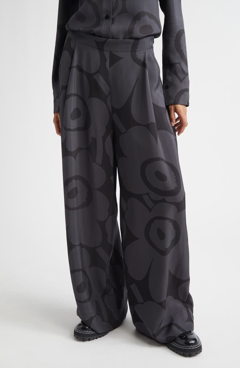 Marimekko Nhtvyys Unikko Pleated Wide Leg Twill Pants, Main, color, Black/ Dark Grey