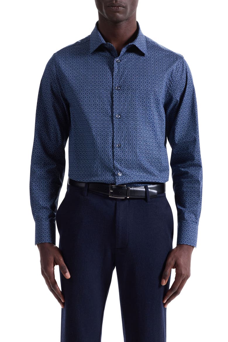 Julian Shaped Fit Medallion Print Stretch Cotton Button-Up Shirt, Main, color, NAVY