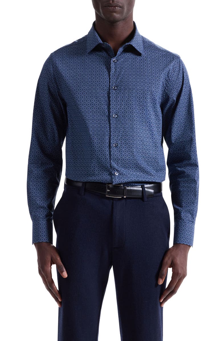 Bugatchi Julian Shaped Fit Medallion Print Stretch Cotton Button-Up Shirt, Main, color, Navy