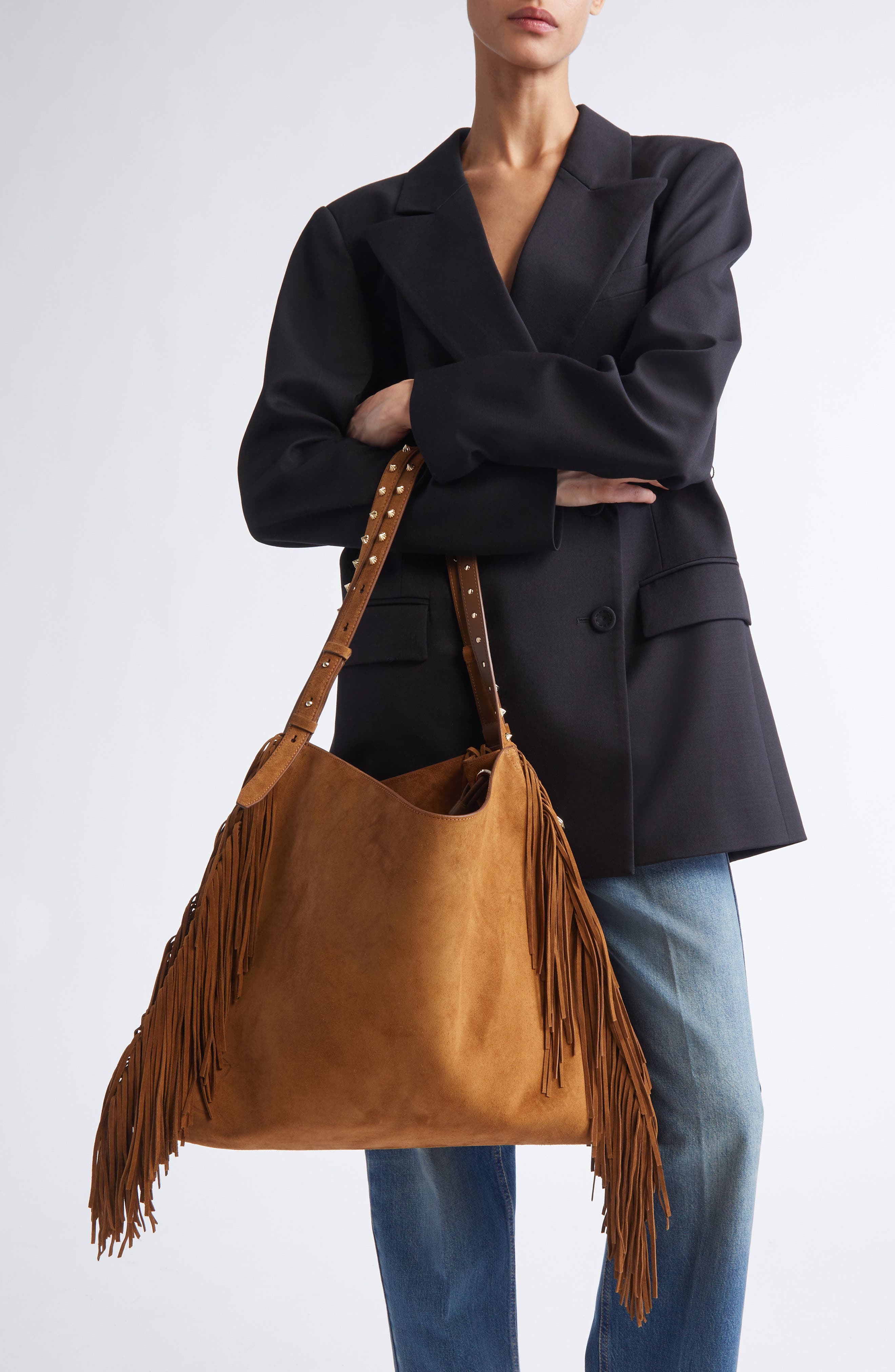 Christian Louboutin Baggy Fringe Suede Tote, Alternate, color, Rhea