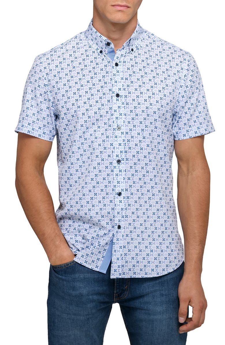 CONSTRUCT Abstract Geo Woven Short Sleeve Basic, Main, color, White/Blue