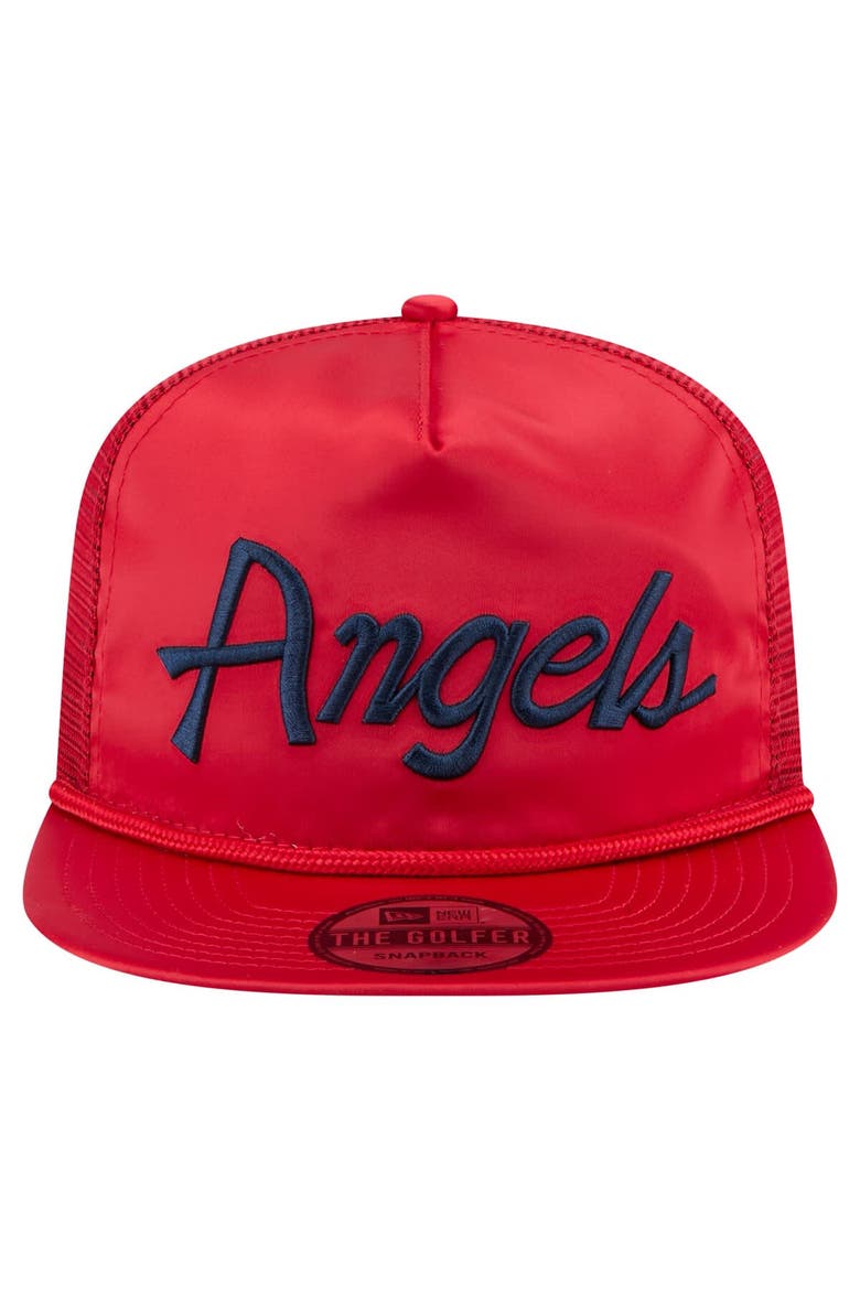 Men's New Era Red Los Angeles Angels Retro Satin Script Golfer Adjustable Hat, Alternate, color, Red
