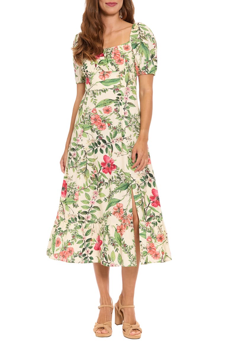 Floral Puff Sleeve Empire Waist Midi Dress, Main, color, CREAM/ PINK FLAMBE