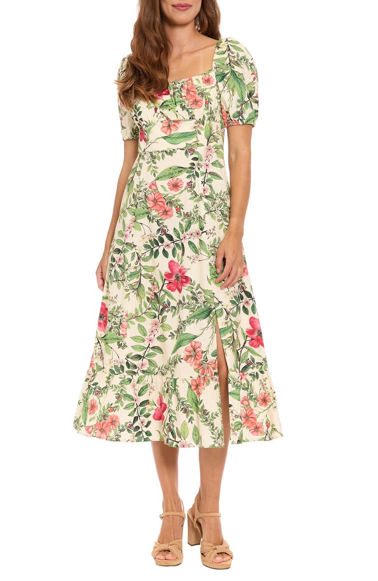 London Times Floral Puff Sleeve Empire Waist Midi Dress, Main, color, Cream/ Pink Flambe