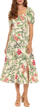 London Times Floral Puff Sleeve Empire Waist Midi Dress
