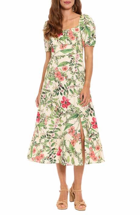 London Times Floral Puff Sleeve Empire Waist Midi Dress