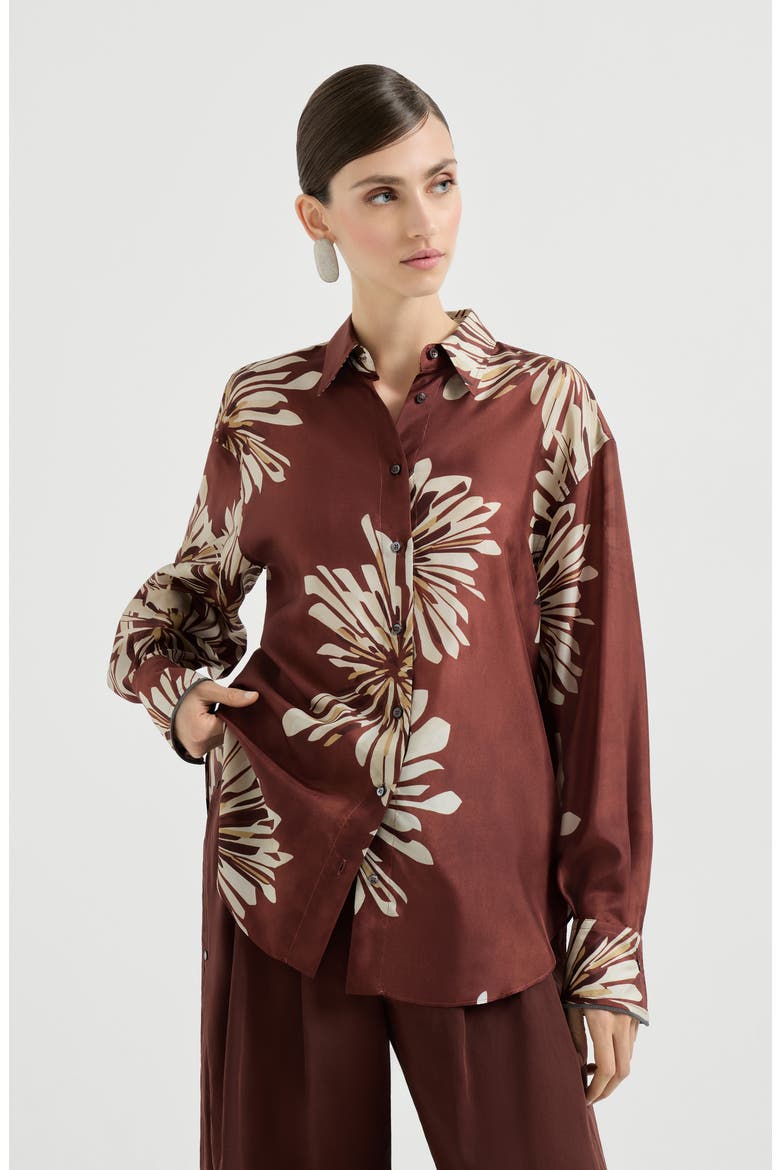 Bloom print pongee shirt, Main, color, Bordeaux