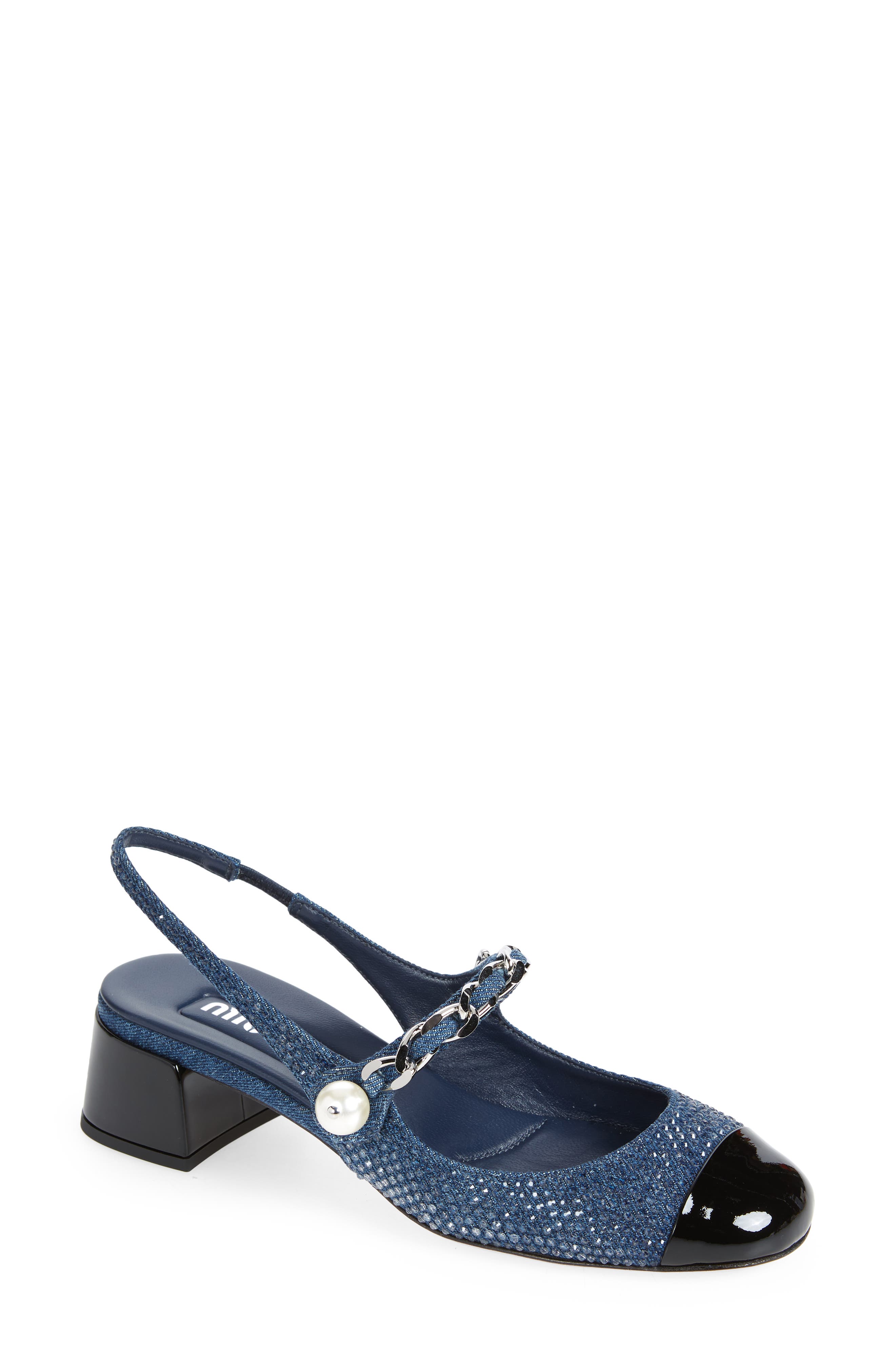 Chain Crystal Embellished Slingback Cap Toe Pump, Main, color, DENIM/ BLACK