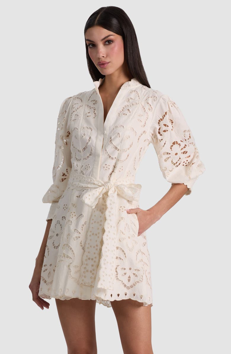 Alice + Olivia Lucy Embroidered Long Sleeve Minidress, Alternate, color, Off White