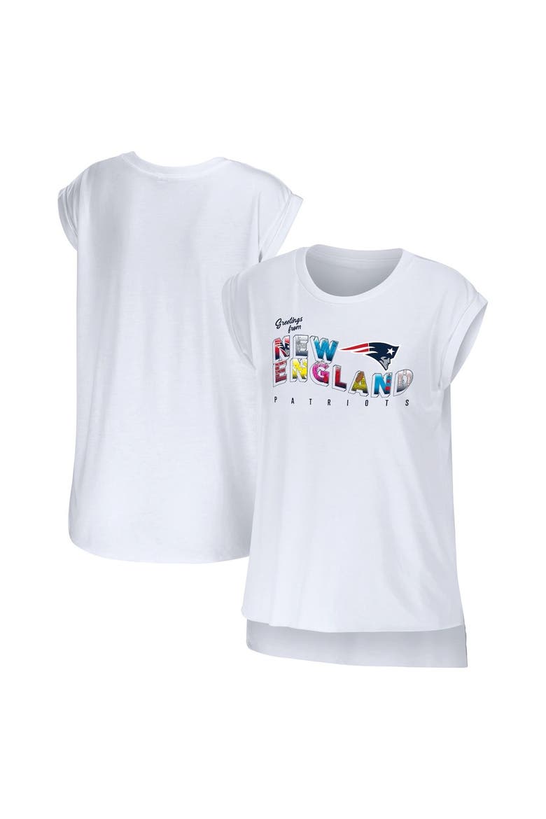 Women's WEAR by Erin Andrews White New England Patriots Greetings From Muscle T-Shirt, Main, color, White