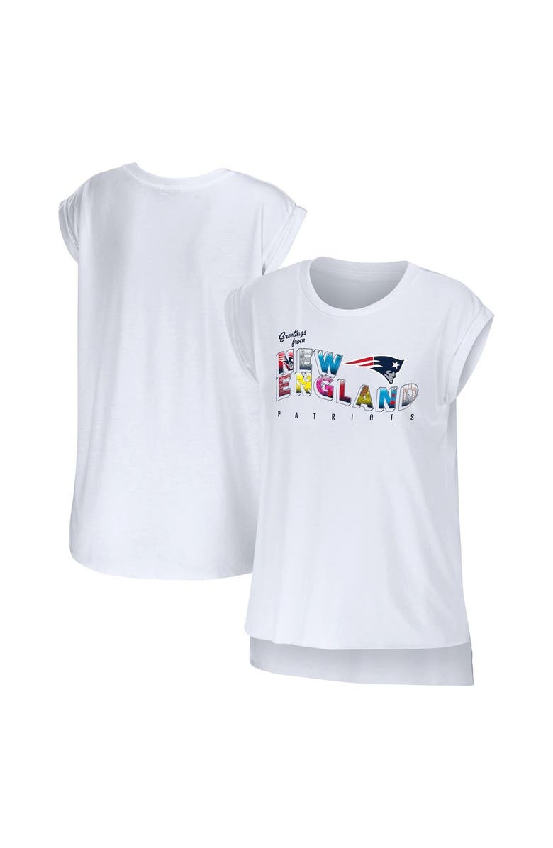 WEAR by Erin Andrews Women's WEAR by Erin Andrews White New England Patriots Greetings From Muscle T-Shirt, Main, color, White