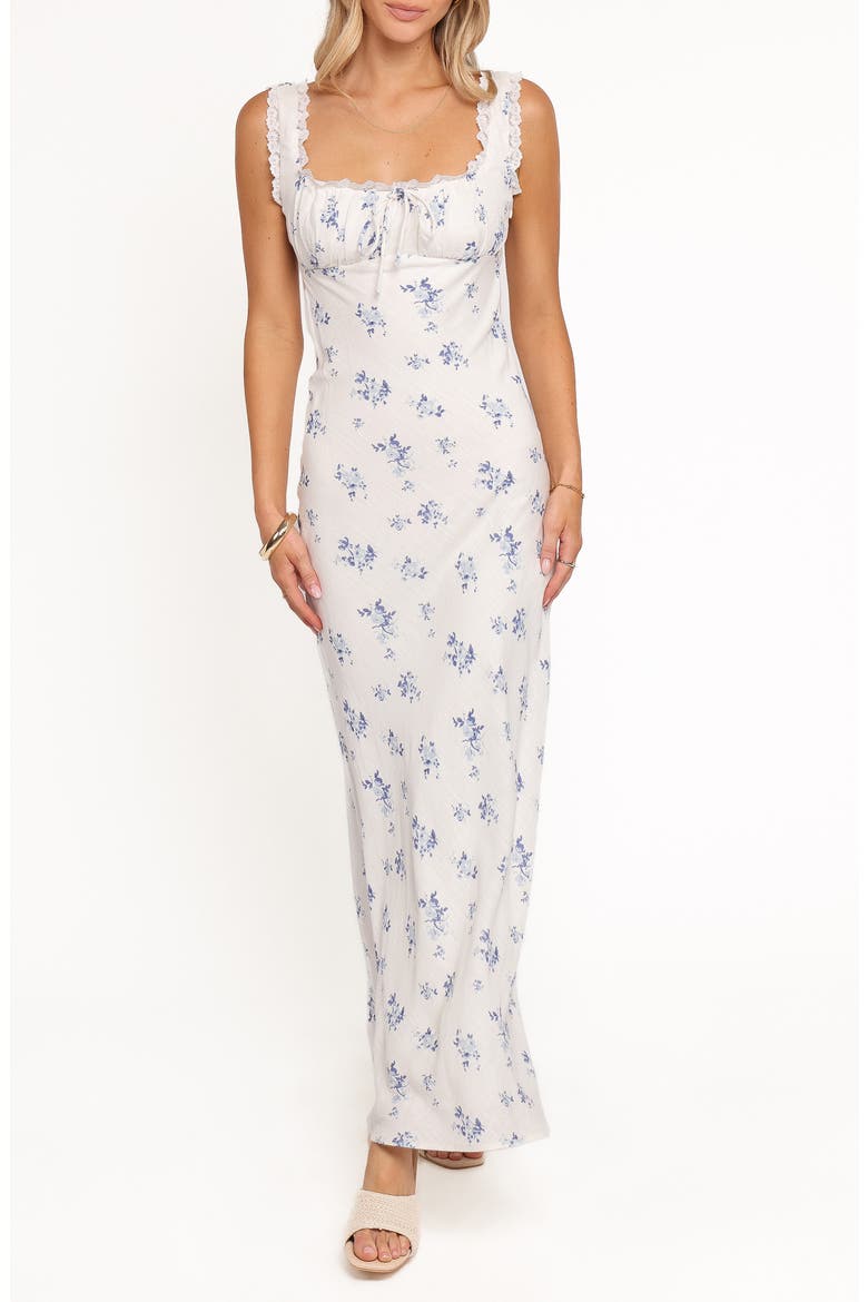 Sakara Floral Lace Trim Maxi Dress, Main, color, BLUE FLORAL