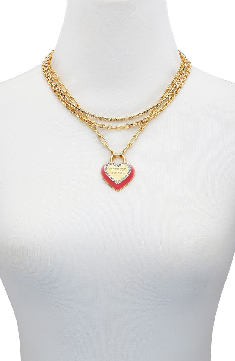 GUESS Layered Pavé Heart Charm Necklace, Alternate, color, Gold Tone