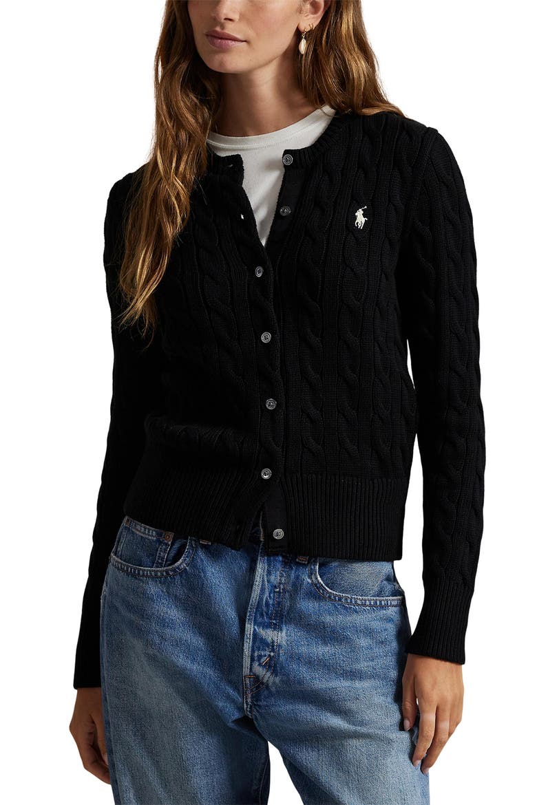 Cable Knit Cotton Blend Cardigan, Main, color, POLO BLACK