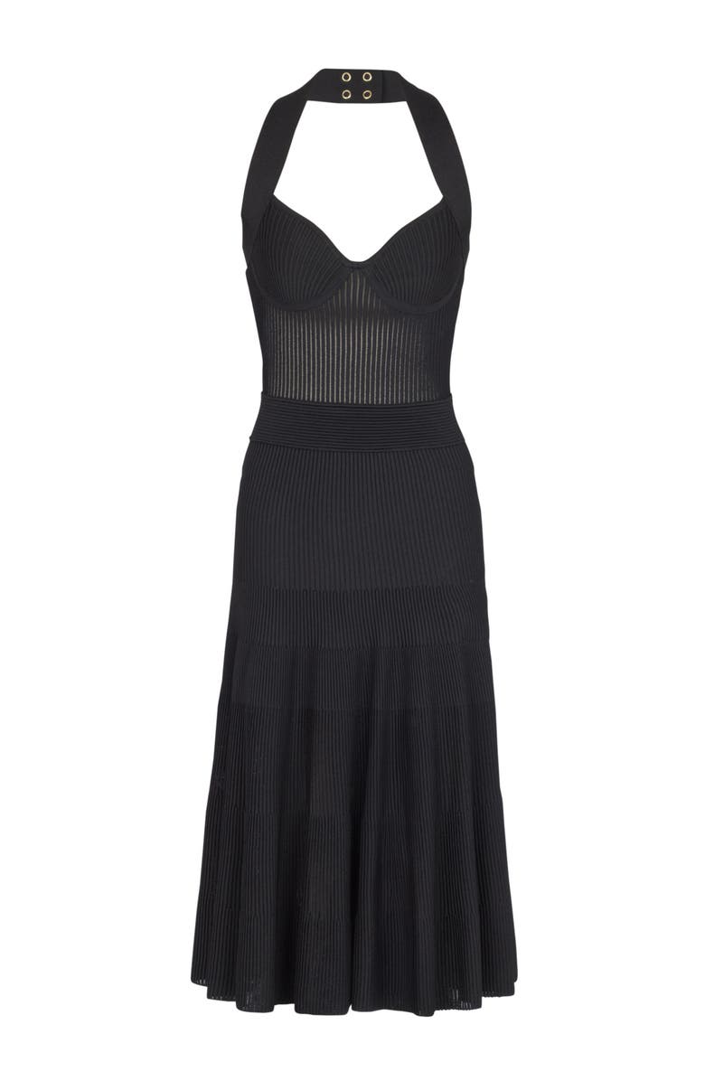 Balmain Halterneck pleated knit midi dress, Alternate, color, Black