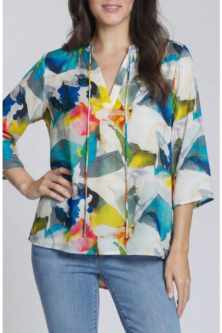 Print Tassel Split Neck Chiffon Top, Main, color, TEAL BLUE MULTI