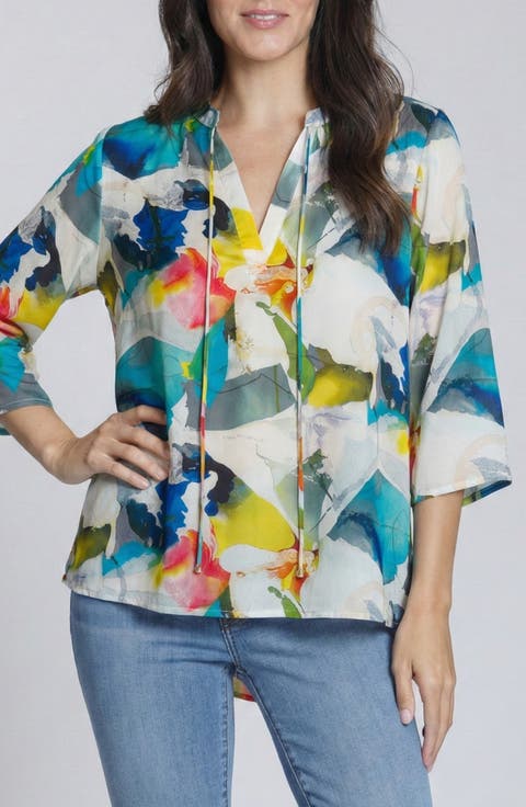 Print Tassel Split Neck Chiffon Top