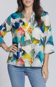 APNY Print Tassel Split Neck Chiffon Top