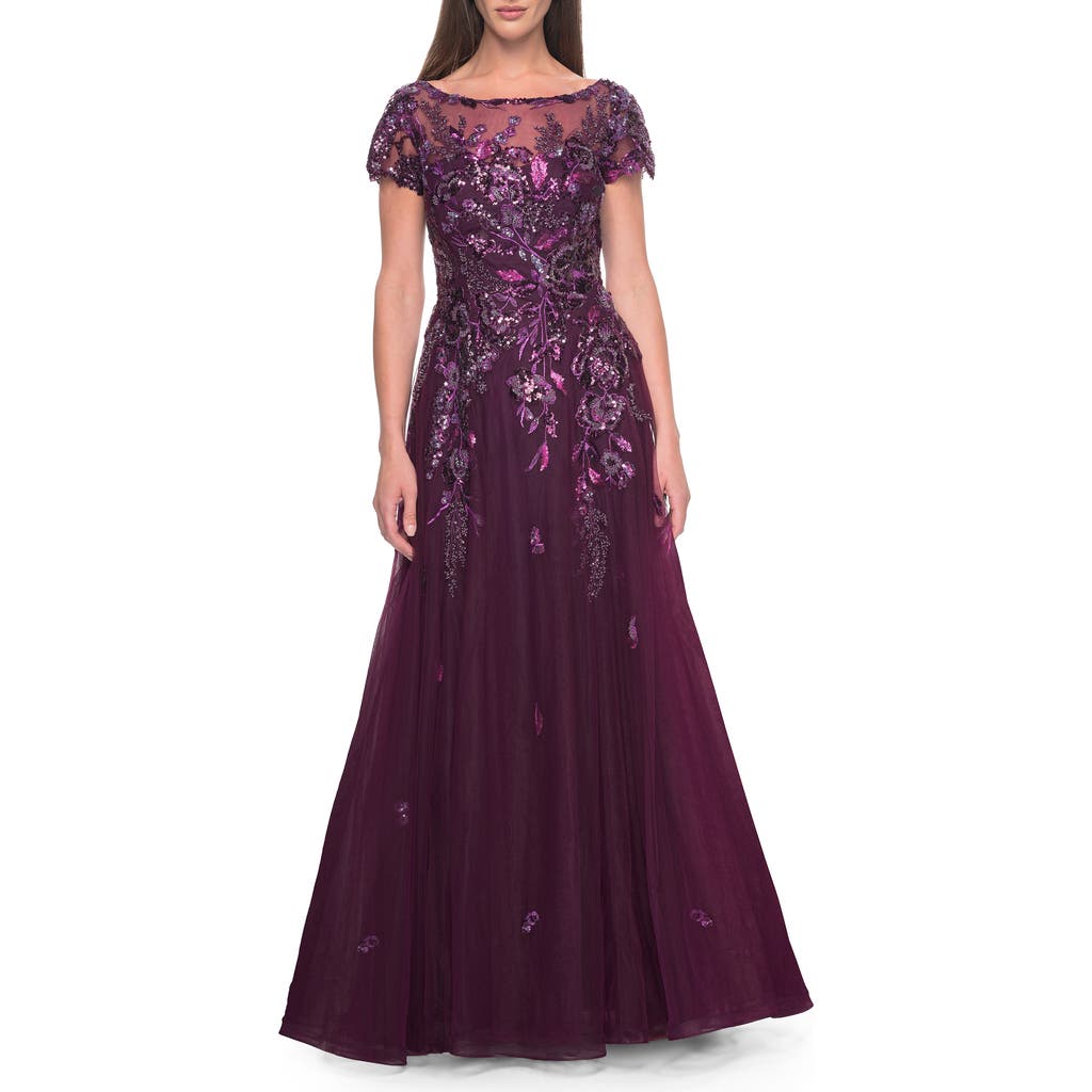 La Femme A-line Gown With Unique Sequin Floral Applique In Dark Berry