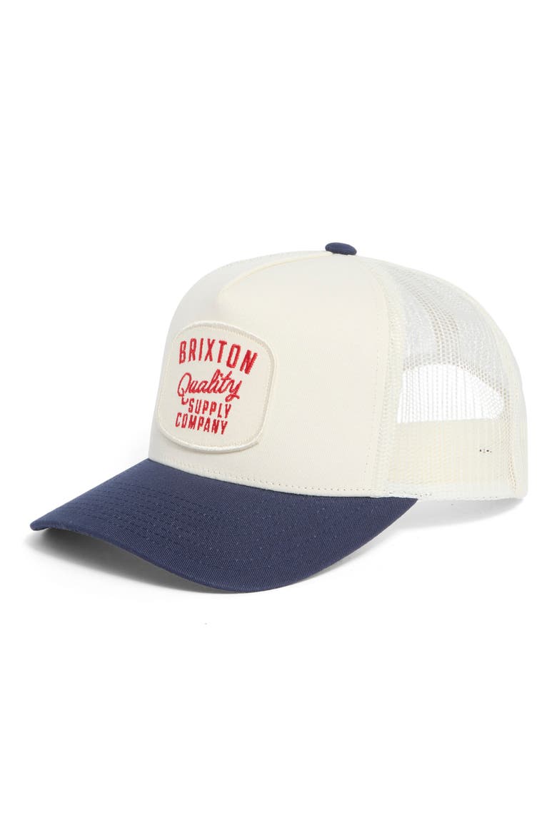 Hubal Netplus® Embroidered Logo Patch Snapback Trucker Hat, Main, color, OFF WHITE/ MIDNIGHT BLUE
