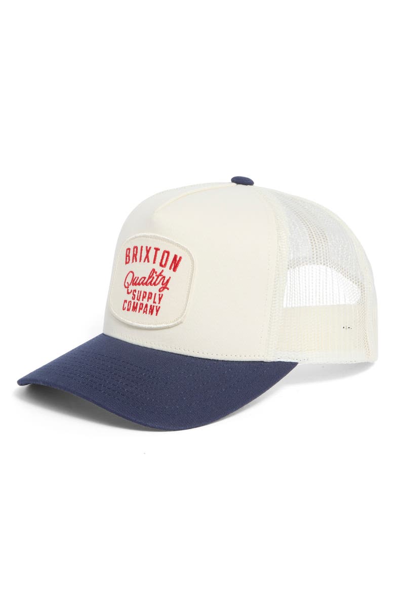 Brixton Hubal Netplus<sup>®</sup> Embroidered Logo Patch Snapback Trucker Hat, Main, color, Off White/ Midnight Blue