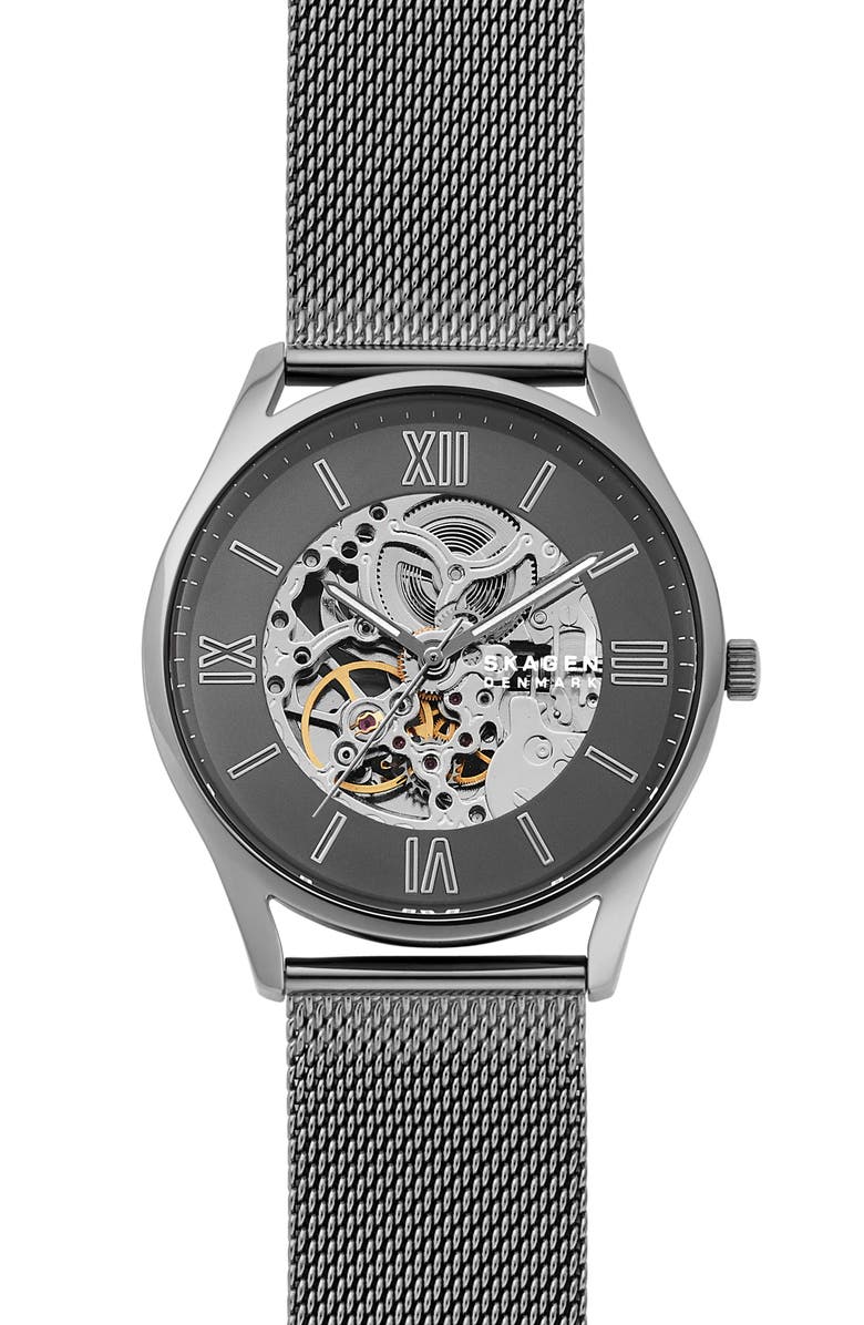Skagen Holst Skeletal Automatic Mesh Strap Watch, 42mm, Main, color,