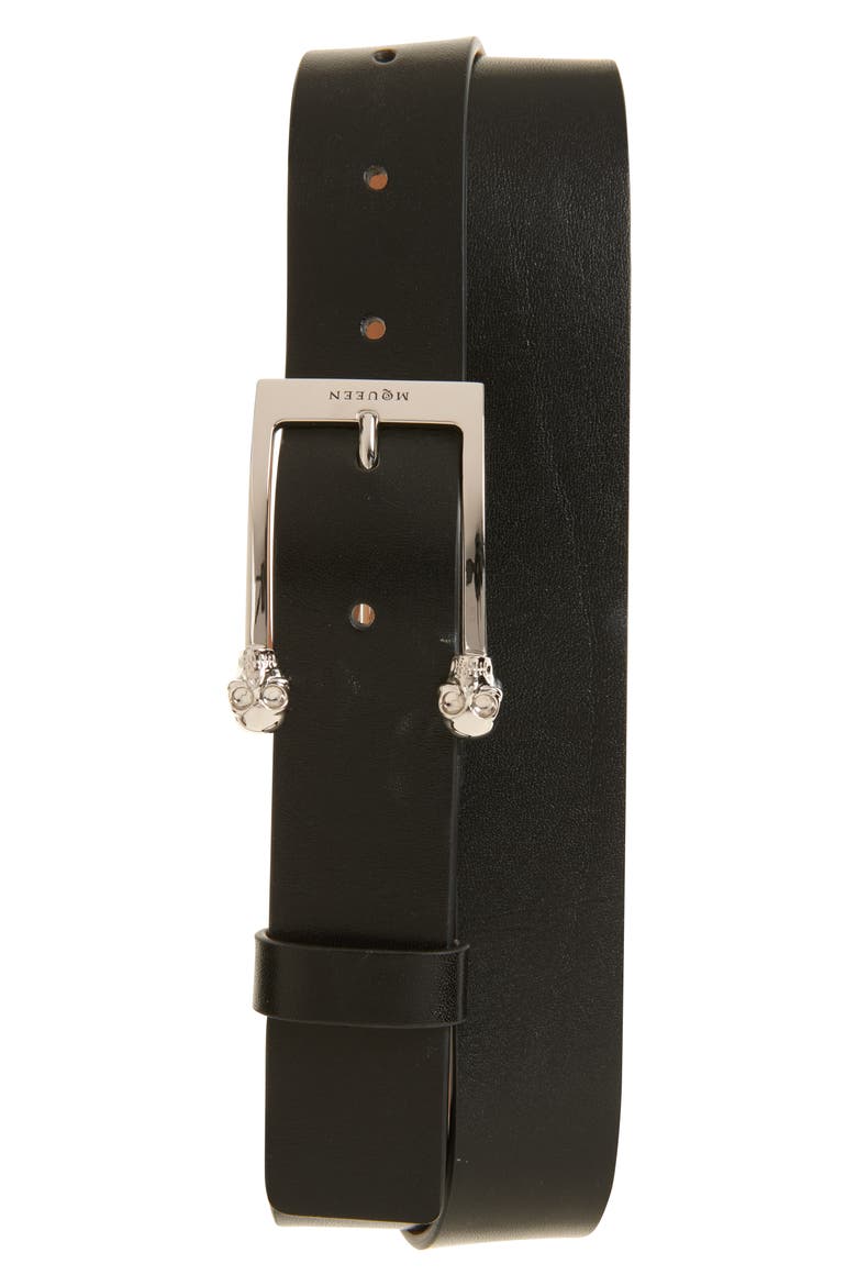 Twin Skull Leather Belt, Main, color, BLACK/ SILVER