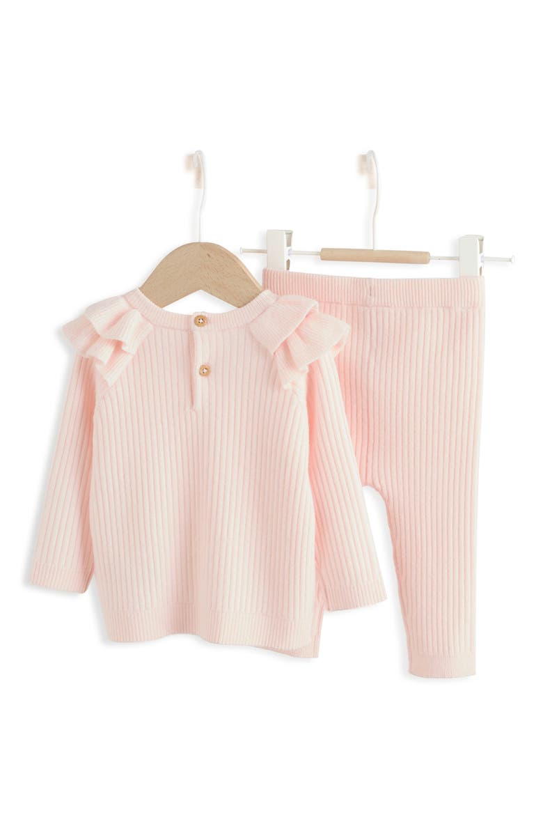 Kids' Ruffle Shoulder Rib Knit Top & Leggings Set, Alternate, color, PINK