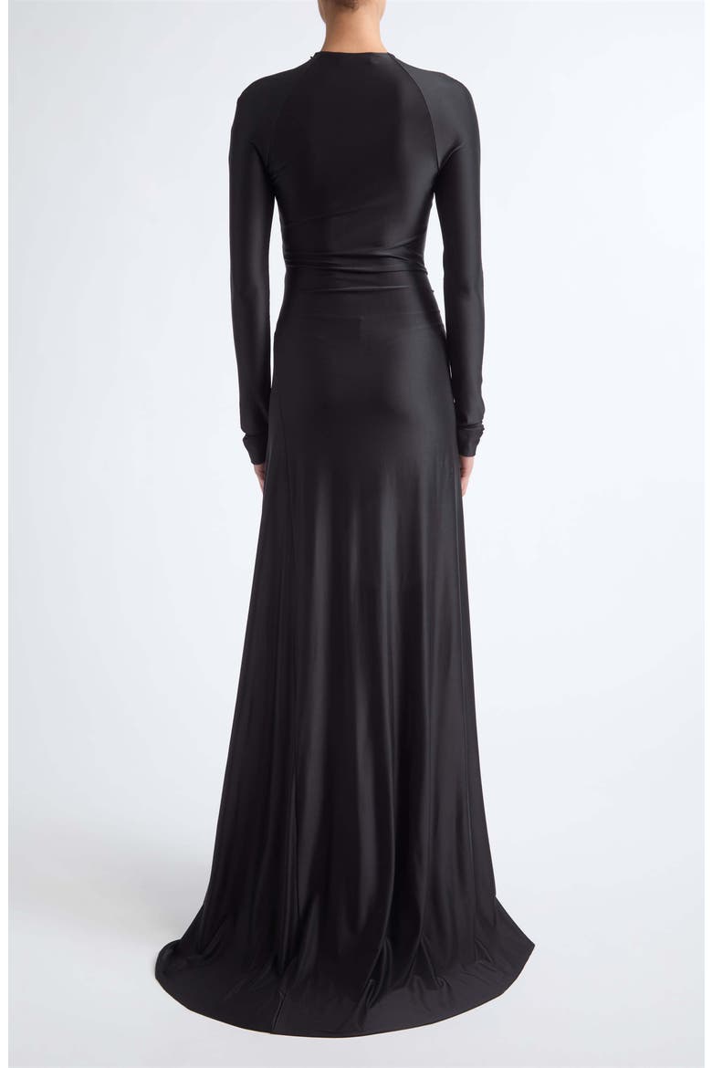 Twist Waist Long Sleeve Jersey Gown, Alternate, color, BLACK