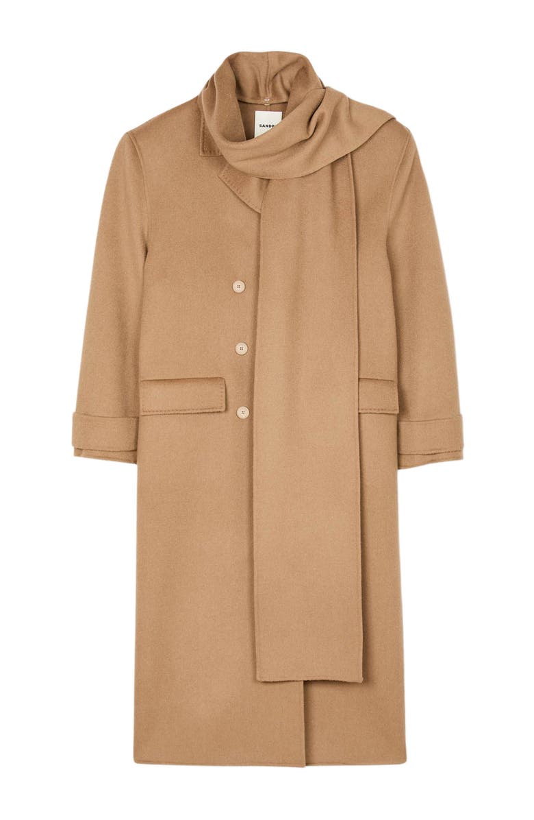 SANDRO Oversized Wool Coat with removable scarf, Alternate, color, Camel