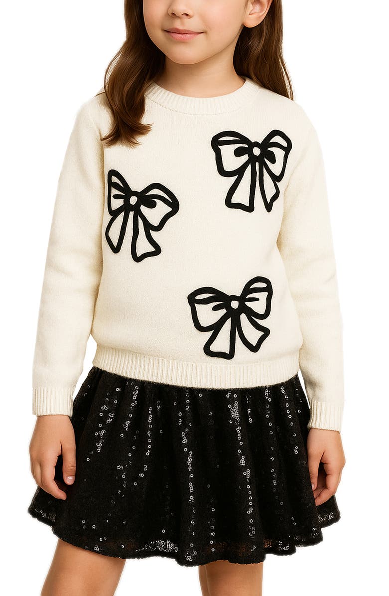 Zunie Kids' Bow Sweater & Sequin Skirt Set, Alternate, color, Ivory/ Black