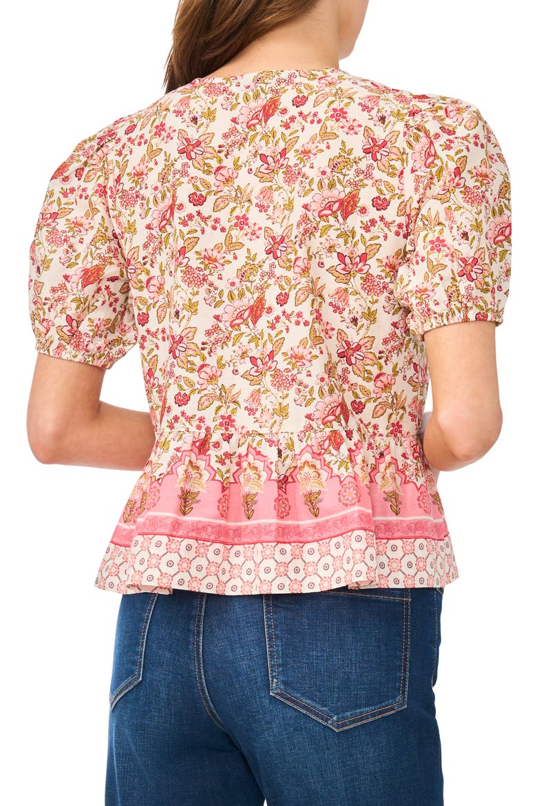 Floral Puff Sleeve Cotton Peplum Top, Alternate, color, PLUMERIA