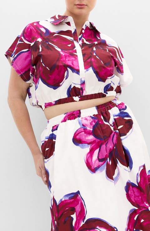 Holiday Crop Cotton Button-Up Shirt (Plus)