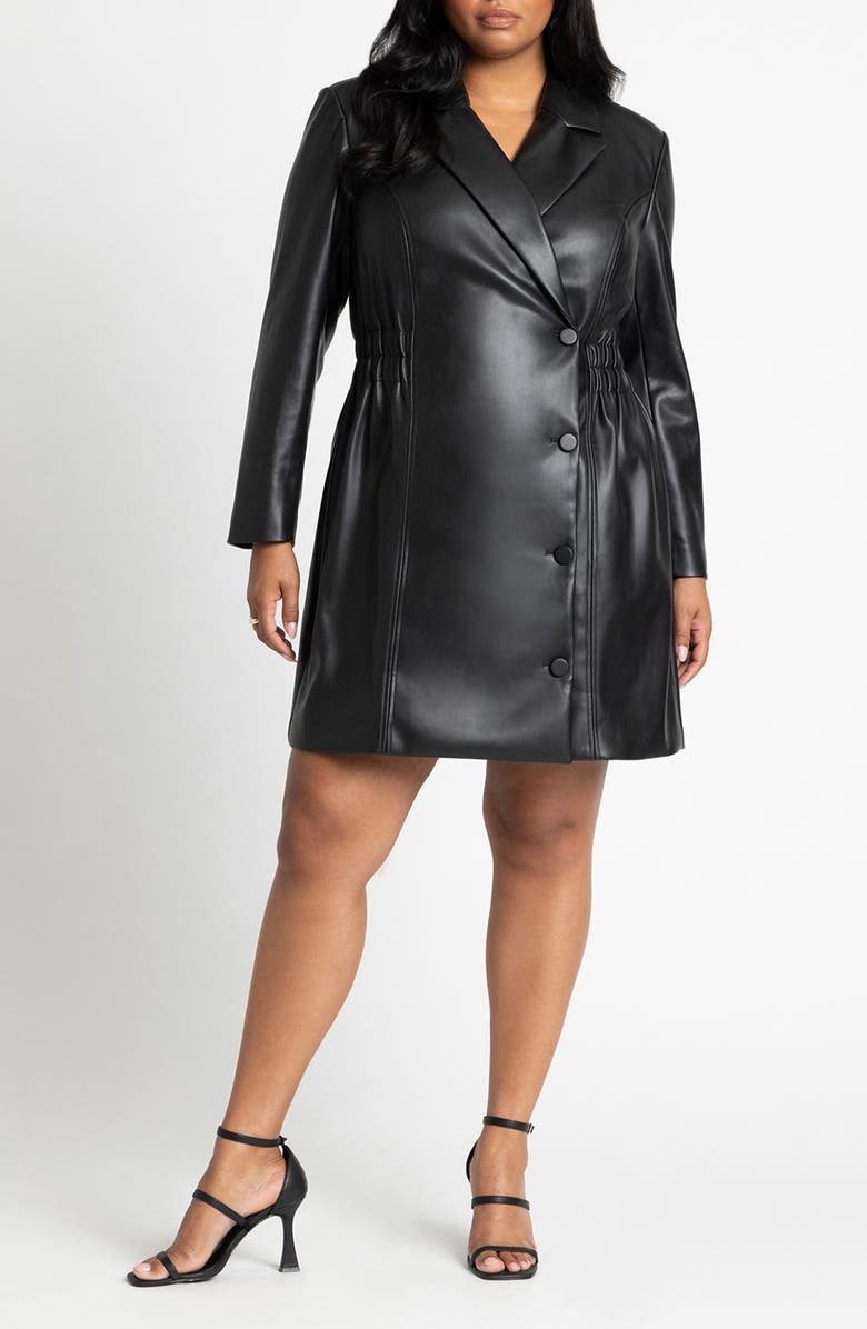 ELOQUII Long Sleeve Faux Leather Blazer Dress, Main, color, Black Onyx