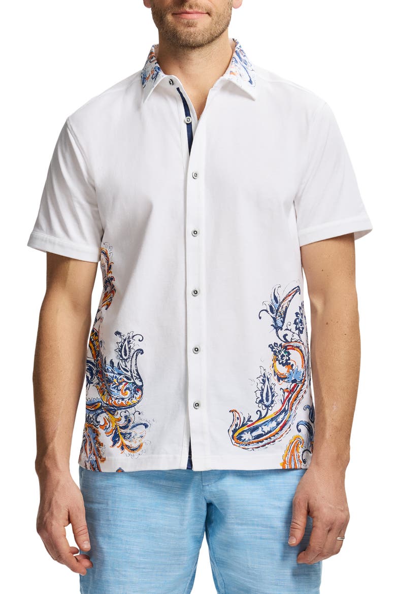 Paisley Short Sleeve Cotton Button-Up Shirt, Main, color, WHITE
