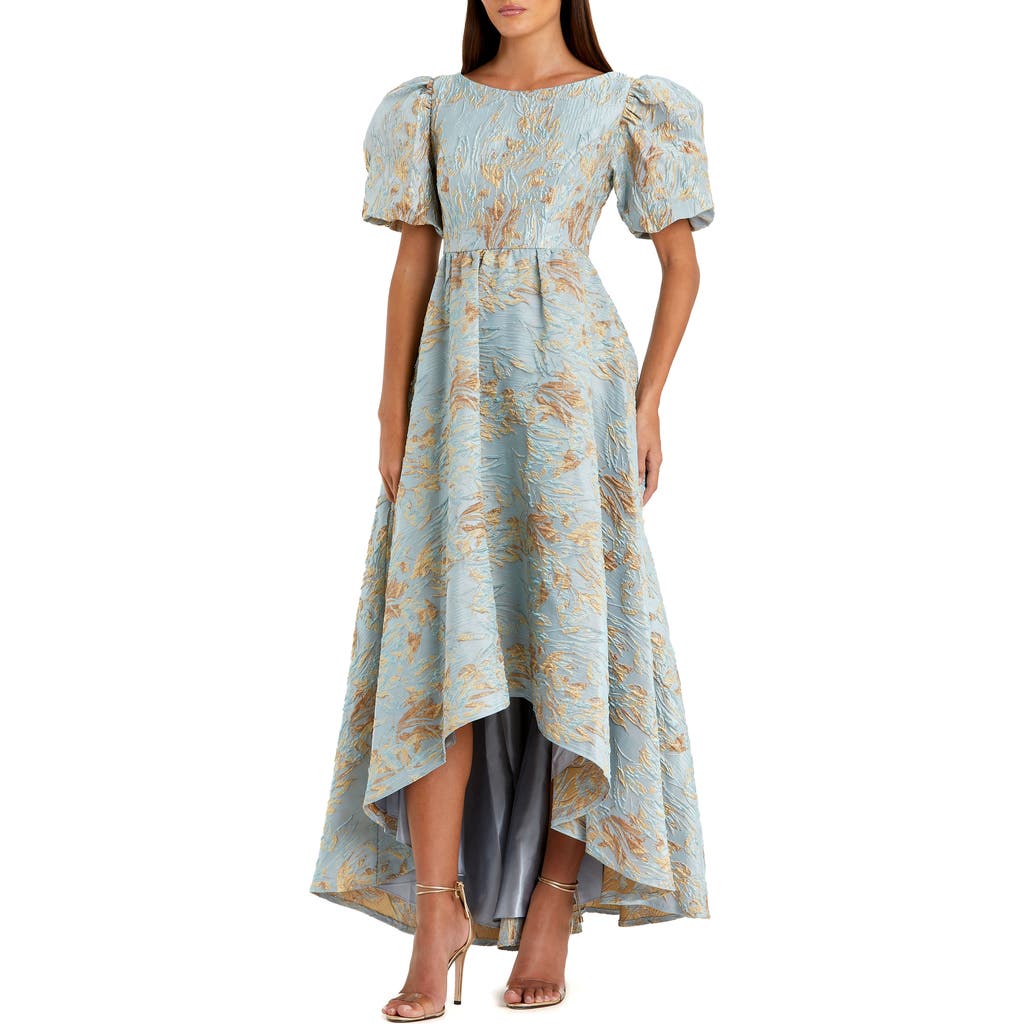 Mac Duggal Brocade High-low Gown With Puff Sleeves In Blue