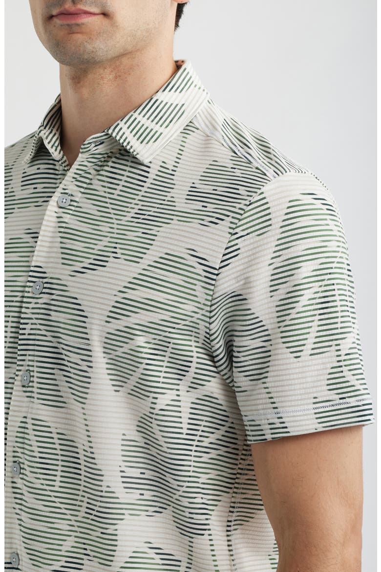 Costa Wave Monstera Mash Seersucker Stripe IslandZone® Short Sleeve Button-Up Shirt, Alternate, color, DARK JADE