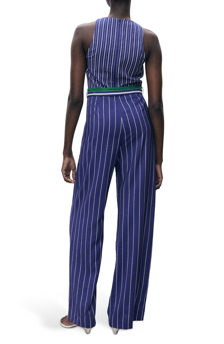 MANGO Stripe Tie Waist Jumpsuit, Alternate, color, Blue