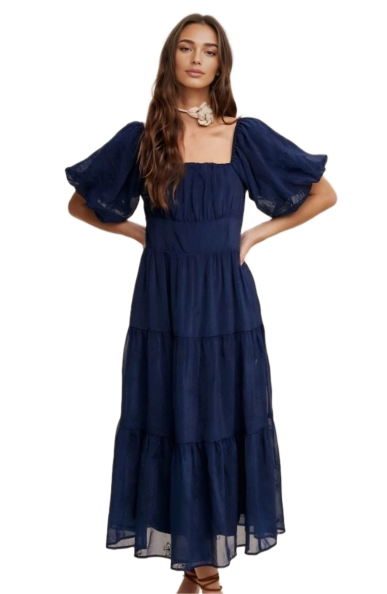 Knit and Lounge Puff Sleeve Tiered Ruffle Lace Maxi Dress, Main, color, Navy