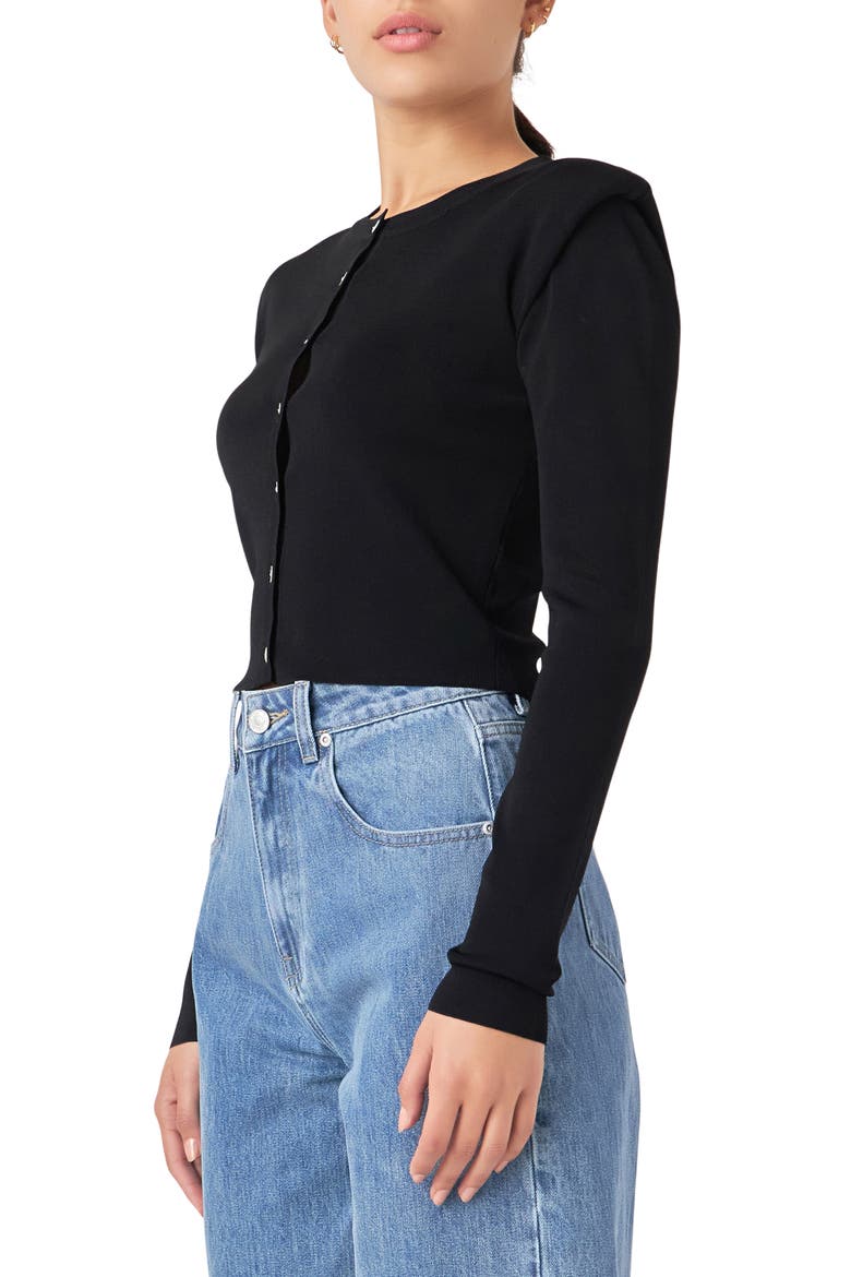 Padded Shoulder Cardigan, Alternate, color, BLACK