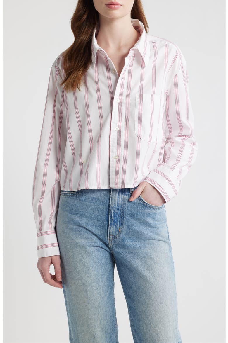 Stripe Asymmetric Cotton Button-Up Shirt, Main, color, PELICANO STRIPE