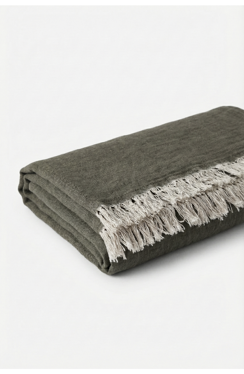 Anaya Reversible Linen Fringe Throw, Alternate, color, Olive Green