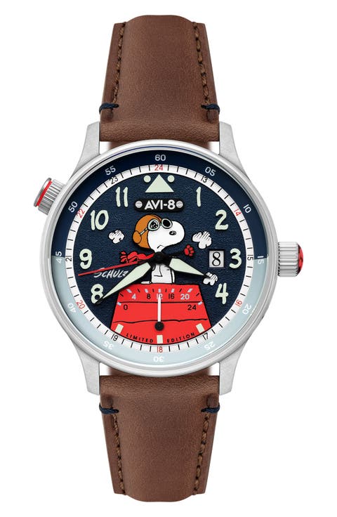 x Peanuts™ Hawker Hurricane McKellar Snoopy Flying Ace Dual Time Leather Strap Watch, 43.5mm