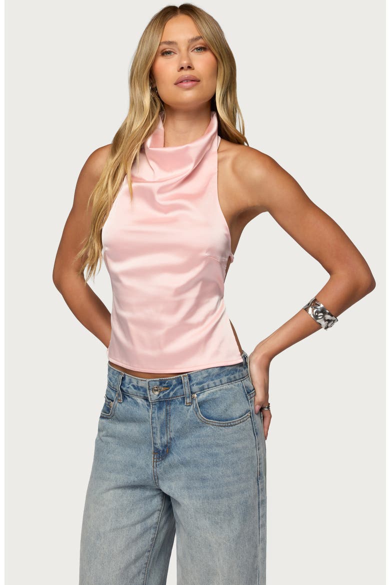 Cowl Neck Backless Satin Crop Top, Alternate, color, LIGHT-PINK