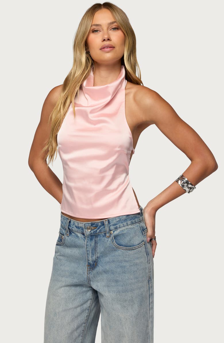 EDIKTED Cowl Neck Backless Satin Crop Top, Alternate, color, Light-Pink