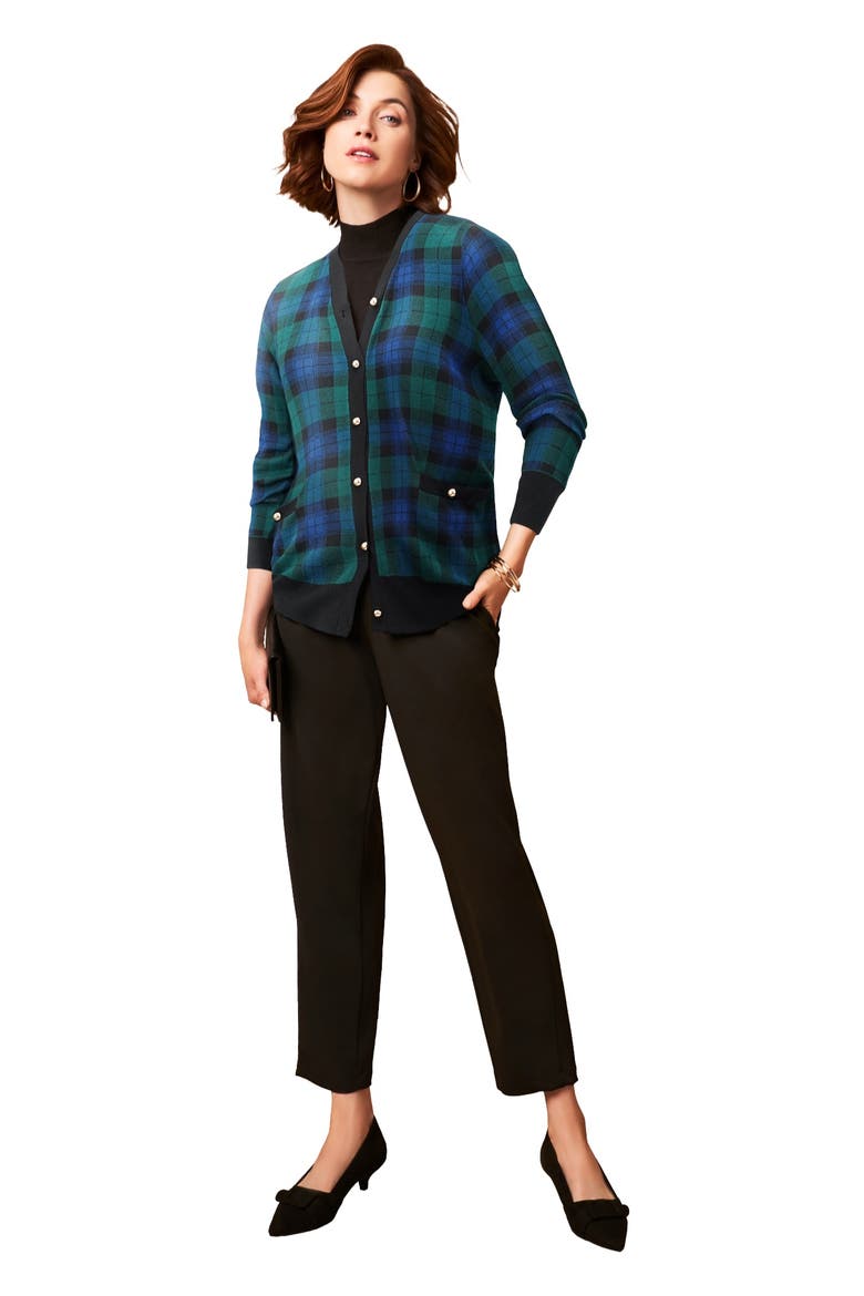 V Neck Cardigan Sweater, Main, color, EMERALD BLACKWATCH PLAID