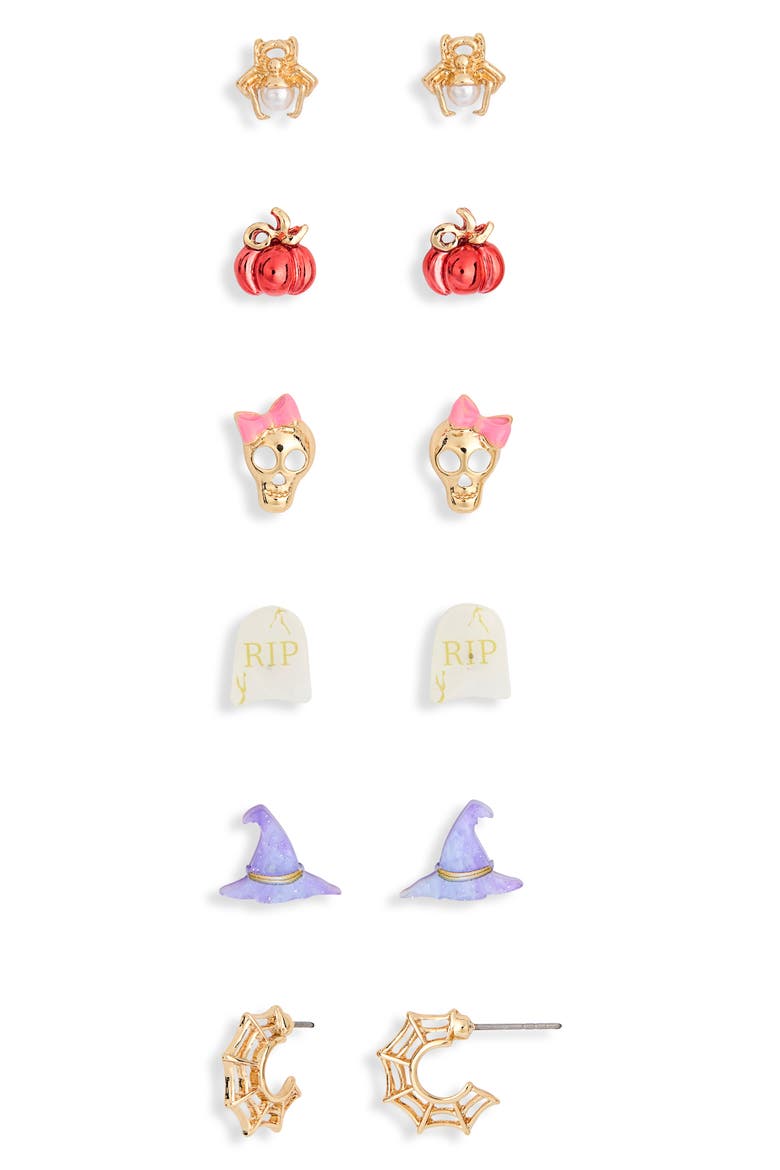 Set of 6 Halloween Stud and Hoop Earrings, Main, color, PINK MULTI- GOLD